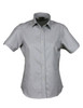 A light grey short-sleeve button-up shirt with a collar and a logo on the front.
