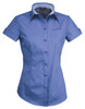 A short-sleeved, ladies' shirt in a blue hue with a button-down front and a single chest pocket. It features a collar and has rolled sleeves.