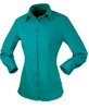 A turquoise long-sleeve button-up shirt for ladies, featuring a classic collar and fitted sleeves.