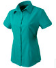 A short-sleeved button-up shirt in teal, featuring a collar and a single breast pocket. It has a logo displayed.