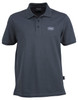 A dark grey polo shirt with a collar and a logo on the front. Classic design for casual wear.