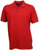 A red polo shirt with a collar and three buttons, featuring a logo on the side.