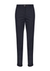 Navy blue chinos with a button closure and rolled cuffs, featuring a small logo.