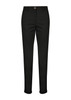 A pair of black chinos with a button closure and rolled cuffs, featuring a logo on the waistband.