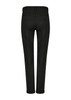 A pair of black chinos with a tapered fit and rolled cuffs, featuring back pockets and a branding logo.