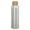 A drink bottle made from aluminium with a natural bamboo lid, featuring a sleek silver finish.