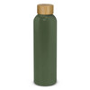 A drink bottle in dark green with a bamboo lid. It has a sleek, minimalist design and a logo.