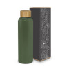 A drink bottle in green with a bamboo lid, accompanied by a decorative box featuring an intricate design.
