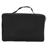 A black, zipped carrying case with a handle, featuring a smooth, flat exterior. It includes a logo.