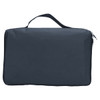 A black picnic rug with waterproof backing, featuring a zippered closure and a carrying handle.