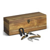 A wooden keepsake wine box set containing a corkscrew, bottle stopper, and two tools, with a brass clasp.