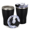 A drink bottle set featuring two black vacuum cups with clear lids and stainless steel accents.