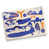 A wooden model kit featuring blue aircraft parts, including wings, a propeller, and fuselage, laid out on a board.