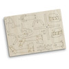 A wooden model helicopter kit featuring various laser-cut pieces in natural wood colour. Includes detailed outlines for assembly.
