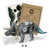 A wooden Triceratops model in black and blue, accompanied by assembly instructions and a design sheet.