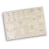 A wooden model kit featuring laser-cut pieces in natural wood, ready for assembly into house shapes.
