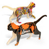 Two wooden cat models in vibrant colours featuring various patterns, designed as novelty items. One includes a logo.