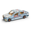 A wooden model of a sedan car in blue and white, featuring a checkered design and a branded logo.