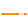 A geometric ballpoint pen in bright orange with a branding logo, featuring a textured grip.