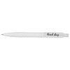 A white ballpoint pen with a textured grip and a branding logo, featuring floral shop design details.