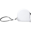 A white measuring tape with a black retractable cord, featuring a logo on its surface.