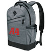 A grey and black laptop backpack with a logo, featuring adjustable straps and side pockets.