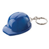 A blue hard hat keyring with a silver keychain attachment. It has a glossy finish and a distinct hat shape.