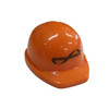 An orange hard hat keyring with a black logo, featuring a glossy finish and a realistic design.