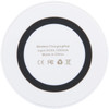 A wireless charging pad in white with a solid black circular base, featuring a logo.