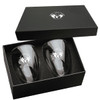 A glass coffee and tea set featuring two clear glasses in a black gift box, with a logo on each glass.