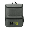 A grey backpack cooler with a front pocket and a logo. Features mesh side pockets for additional storage.