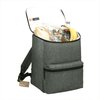 A grey backpack cooler with a zippered top, filled with food items and a drink bottle, featuring a front pocket and a logo.