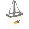 A clear tote bag with grey handles, featuring a logo on one side. Ideal for stadium use.