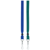 A blue and green ribbon lanyard, 15mm wide, featuring metal clips at both ends and a design for events.