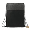A grey and black drawstring bag with shoulder straps and a small tag. It features a textured top section.