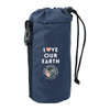 A navy reusable grocery bag in a pouch with a drawstring and a logo, promoting eco-friendliness.