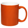 An orange coffee mug with a glossy finish and a smooth handle, suitable for serving beverages.