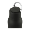 A drink bottle in matte black with a metal loop on the cap and a sleek design.