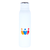 A drink bottle in white with a metal loop, featuring a colourful logo, holds 600ml of liquid.