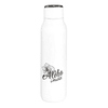 A drink bottle in white featuring a floral design and a logo, with a metal loop and a 600ml capacity.
