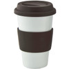 A ceramic coffee mug with a white body, brown lid, and a brown silicone sleeve for grip. Features a logo.