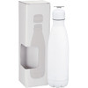A white insulated drink bottle packaged in a plain white box. The box features a cut-out display window.