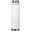 A drink bottle in white with a stainless steel lid and base, featuring a logo on the front.