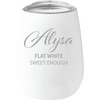 A drink bottle with a white exterior and a clear lid, featuring a decorative script and text.