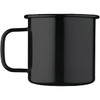A black enamel metal cup with a handle, featuring a glossy finish and a simple design.