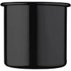 A black enamel metal cup, 500ml in size, with a glossy finish and a simple design. It features a logo.
