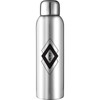 A drink bottle in silver stainless steel, featuring a black logo and a sleek design, ideal for sports and hydration.