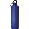 A drink bottle made of aluminium in a deep blue colour, featuring a black cap and a carabiner attachment.