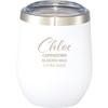 A drink bottle in white with a stainless steel lid, featuring a clear top and a logo. Suitable for travel.