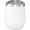 A drink bottle in white with a stainless steel rim and a clear lid, designed for insulated beverages.